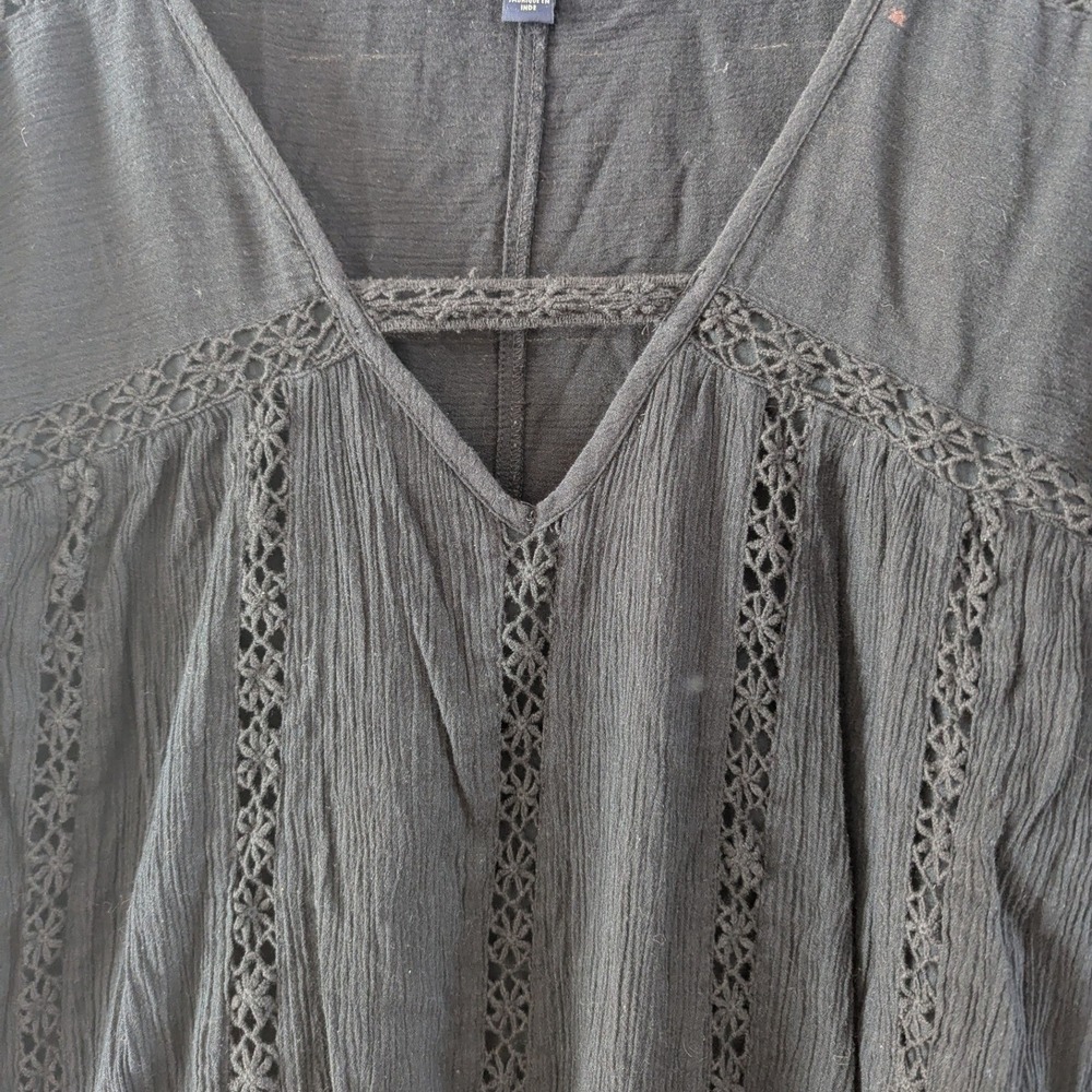 American Eagle Black V Neck Crochet Lace Trim Long Sleeve Crinkle Dress XS Boho - Picture 3 of 7